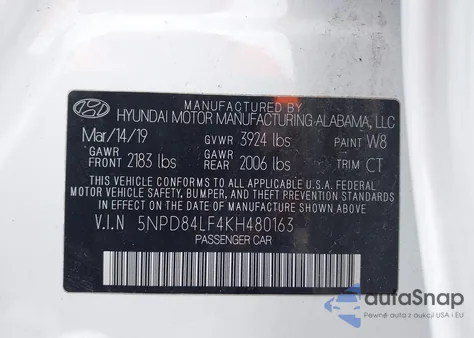 2019 Hyundai Elantra Sel z USA, uszkodzony, nr VIN 5NPD84LF4KH480163
